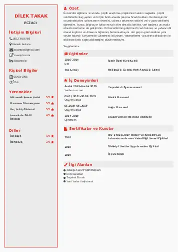 Eczacı CV Örnekleri cv indir